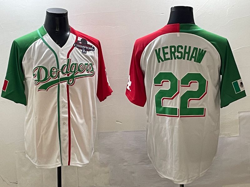 Men Los Angeles Dodgers 22 Kershaw White Green Game 2025 Nike MLB Jersey style 2